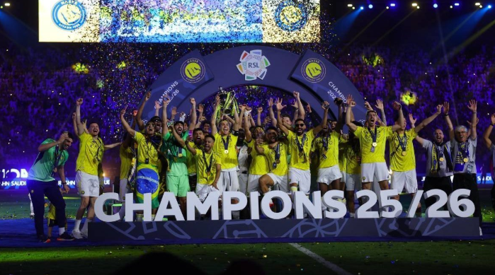 Selebrasi pemain Al Nassr setelah kunci gelar juara Saudi Pro League
